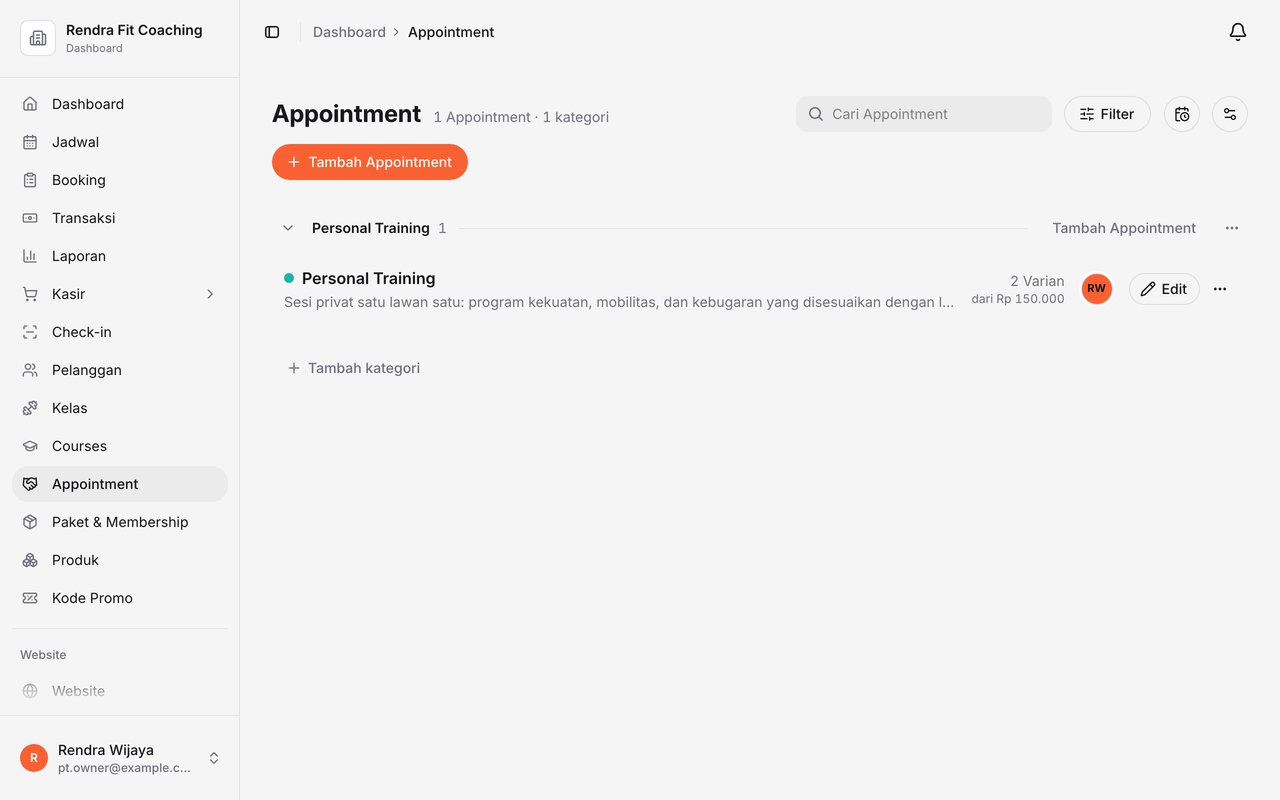 Daftar Appointment di dashboard dengan kategori Personal Training, varian durasi dan harga, dan status publikasi