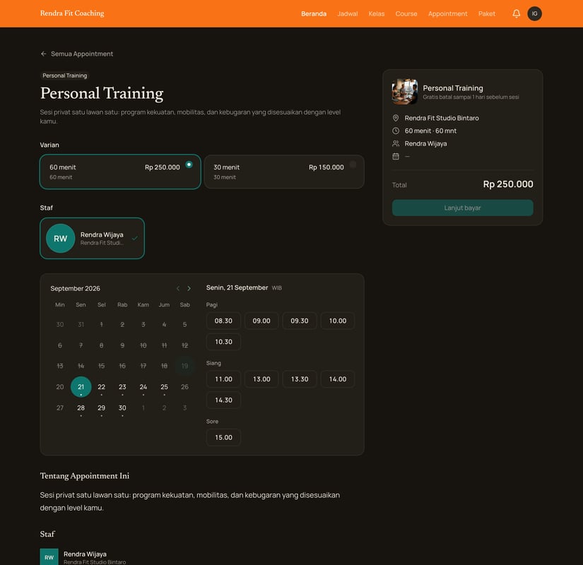 Halaman booking appointment Rendra Fit Coaching: pilih varian durasi, kalender tanggal yang tersedia, dan daftar jam kosong