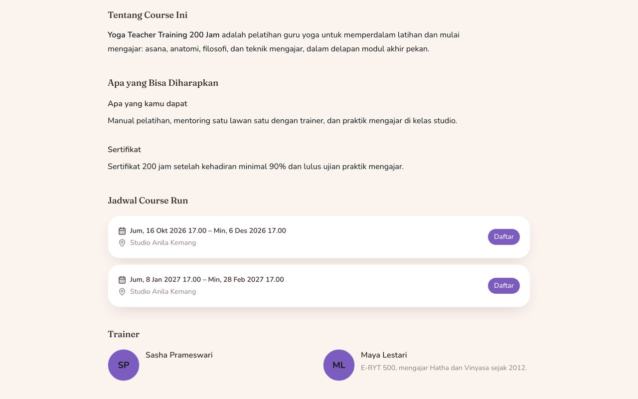 Halaman course Yoga Teacher Training 200 Jam di website Studio Anila: deskripsi program, apa yang didapat peserta dan sertifikatnya, dua batch dengan tombol Daftar, dan dua trainer termasuk pembicara tamu