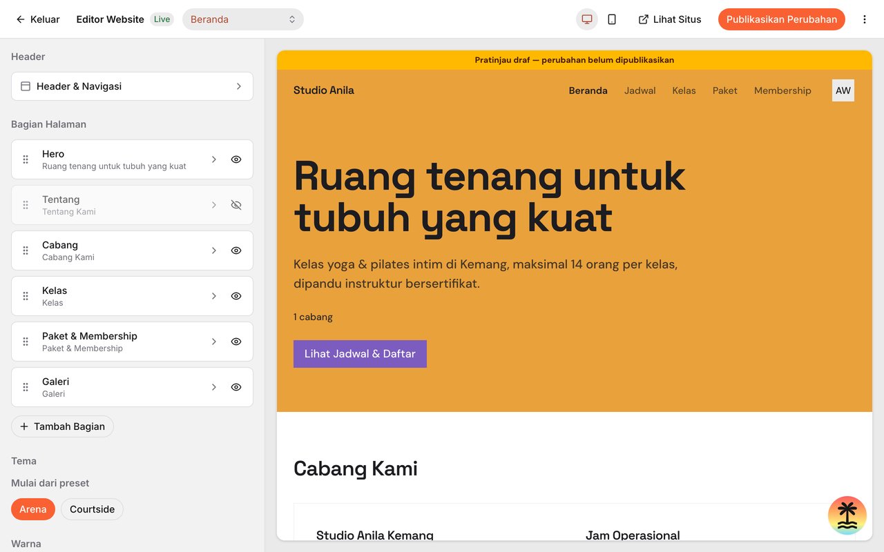 Editor Website Studio Anila: daftar section Hero, Tentang, Cabang, Kelas, Paket & Membership, dan Galeri di kiri, pratinjau beranda dengan judul Ruang tenang untuk tubuh yang kuat di kanan