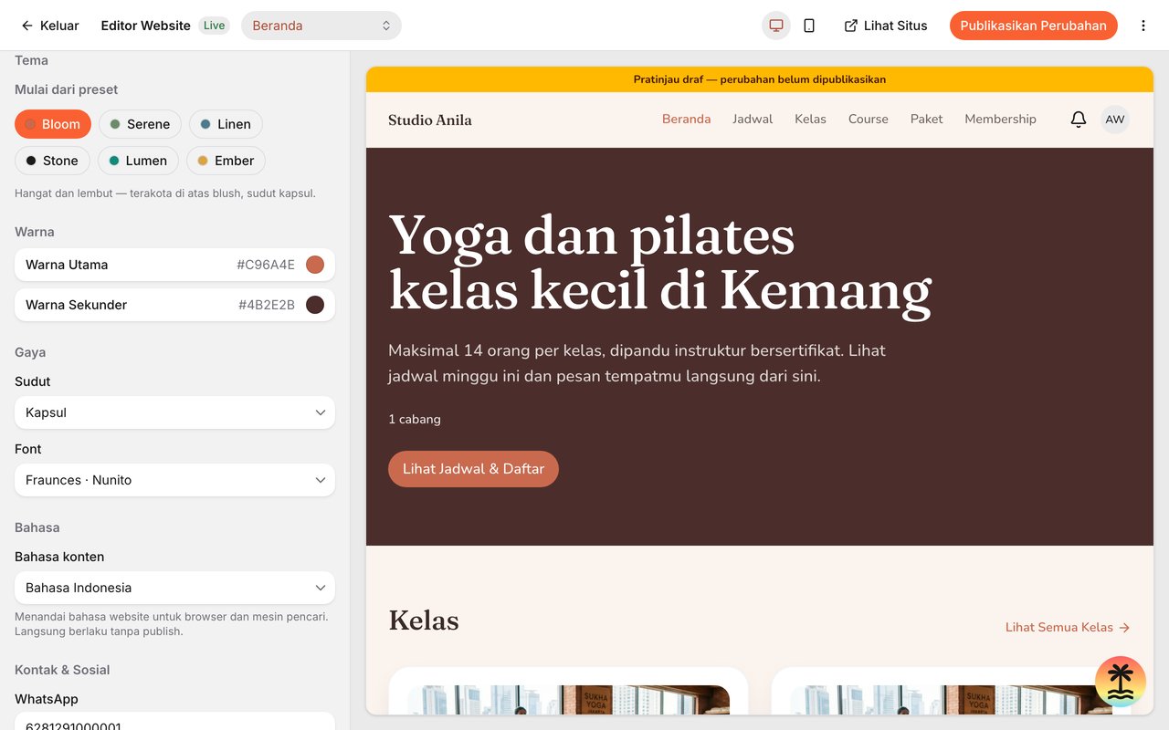 Panel Tema di editor website: preset Bloom, Serene, Linen, Stone, Lumen, dan Ember, warna utama dan sekunder, sudut, pasangan font, bahasa konten, serta kontak WhatsApp dan Instagram