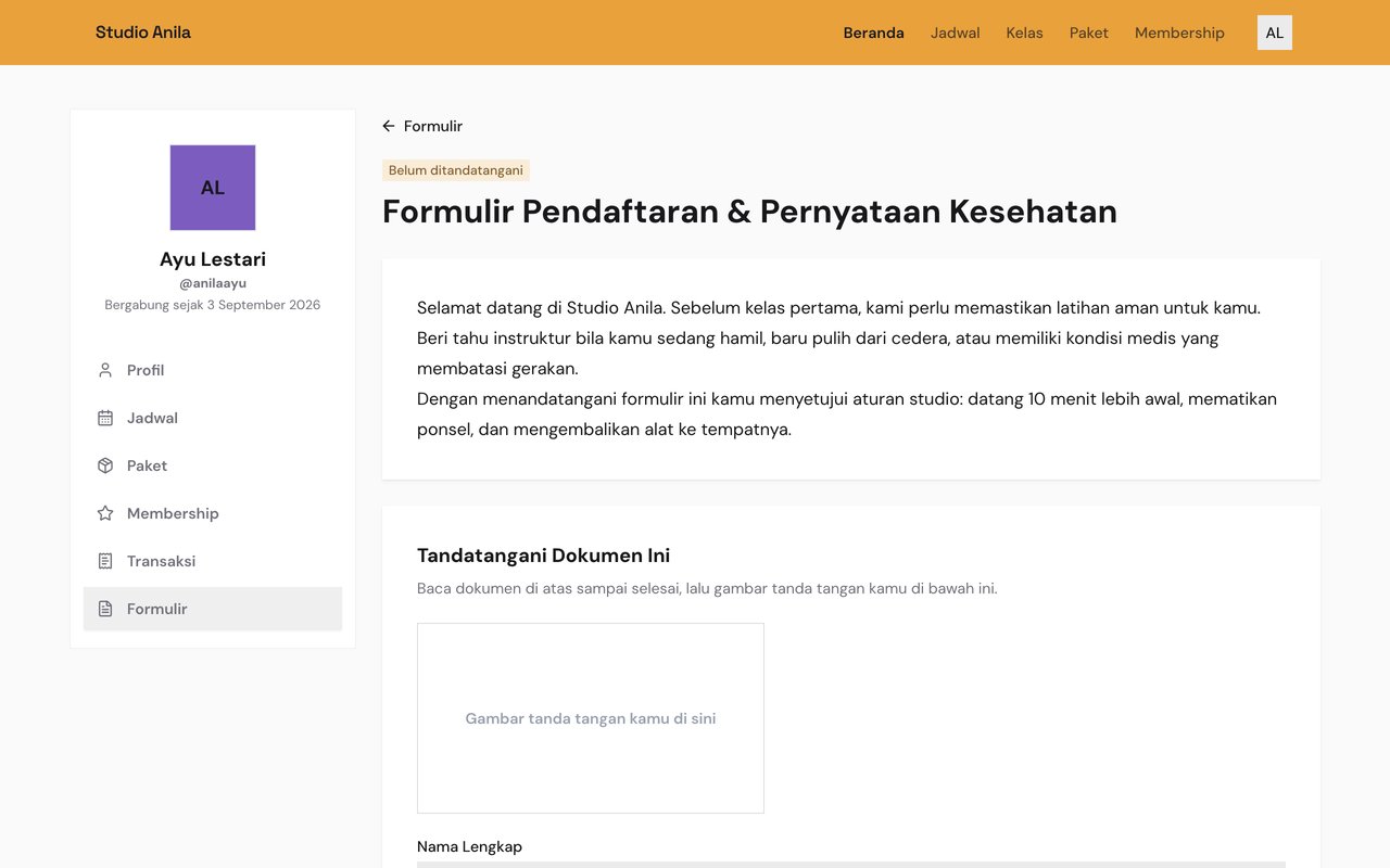 Halaman formulir di portal member Studio Anila: teks pernyataan kesehatan dan aturan studio, kotak untuk menggambar tanda tangan, dan kolom nama lengkap