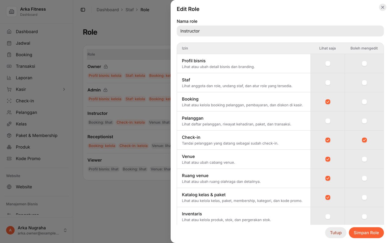 Panel Edit Role Instructor di dashboard Arka Fitness: daftar grup izin Profil bisnis, Staf, Booking, Pelanggan, Check-in, Venue, Ruang venue, Katalog, dan Inventaris, masing-masing dengan pilihan Lihat saja atau Boleh mengedit