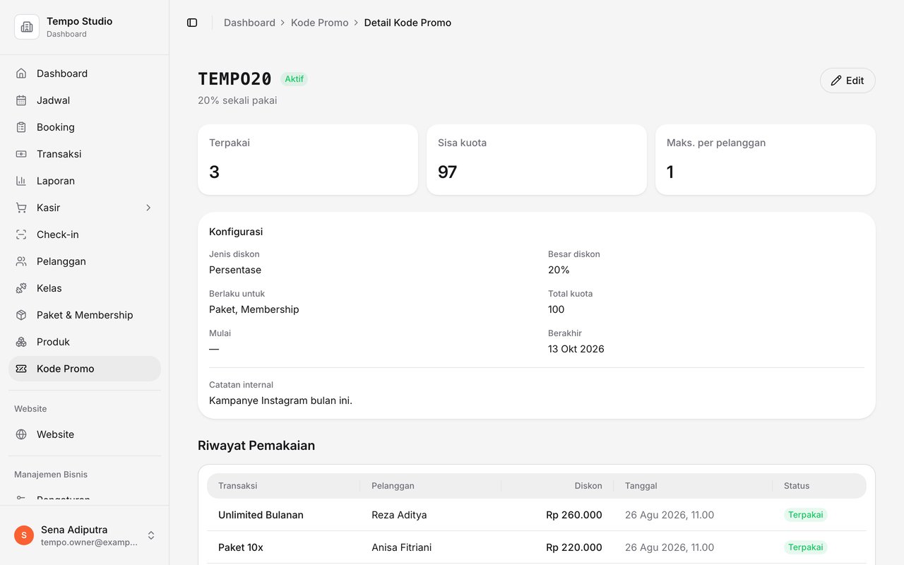 Detail kode promo TEMPO20: terpakai 3 kali, sisa kuota 97, maksimal 1 per pelanggan, konfigurasi, dan riwayat pemakaian