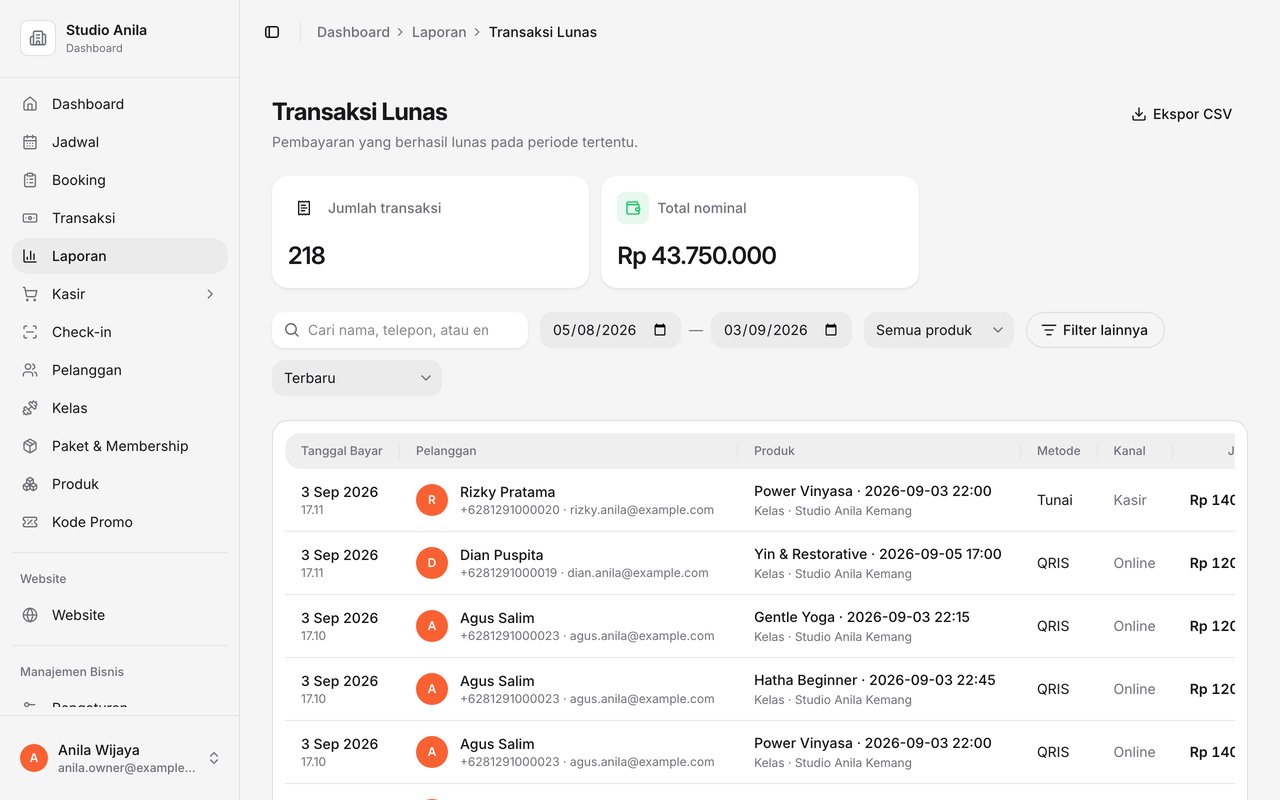 Laporan Transaksi Lunas Studio Anila: jumlah transaksi dan total nominal, filter tanggal, produk, dan metode, tabel per transaksi dengan pelanggan, produk, metode, kanal, dan jumlah, serta tombol Ekspor CSV
