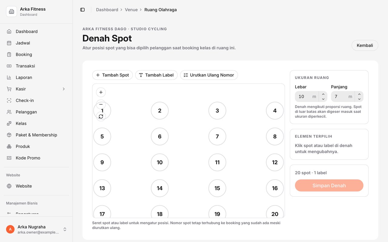Editor Denah Spot untuk Studio Cycling di Arka Fitness Dago: dua puluh spot bernomor di atas denah 10 kali 7 meter, dengan tombol Tambah Spot, Tambah Label, dan pengaturan ukuran ruang