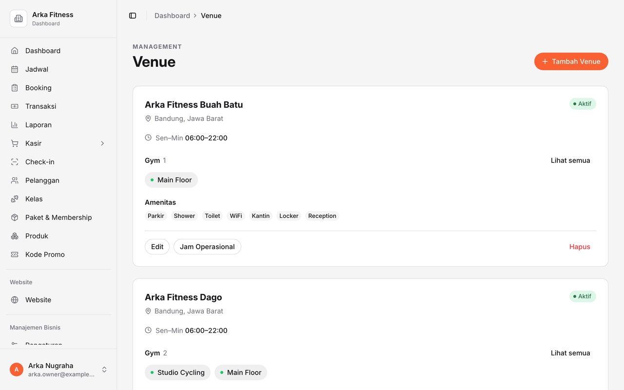 Halaman Venue Arka Fitness: kartu Arka Fitness Buah Batu dan Arka Fitness Dago, masing-masing dengan kota, jam operasional, daftar ruang gym, amenitas, dan tombol Jam Operasional