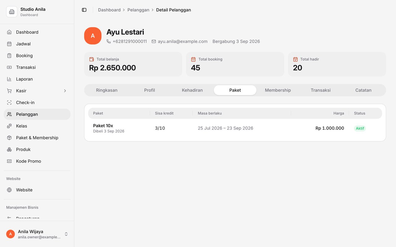Tab Paket di detail pelanggan: Paket 10x dengan sisa kredit 3 dari 10, masa berlaku, dan status aktif