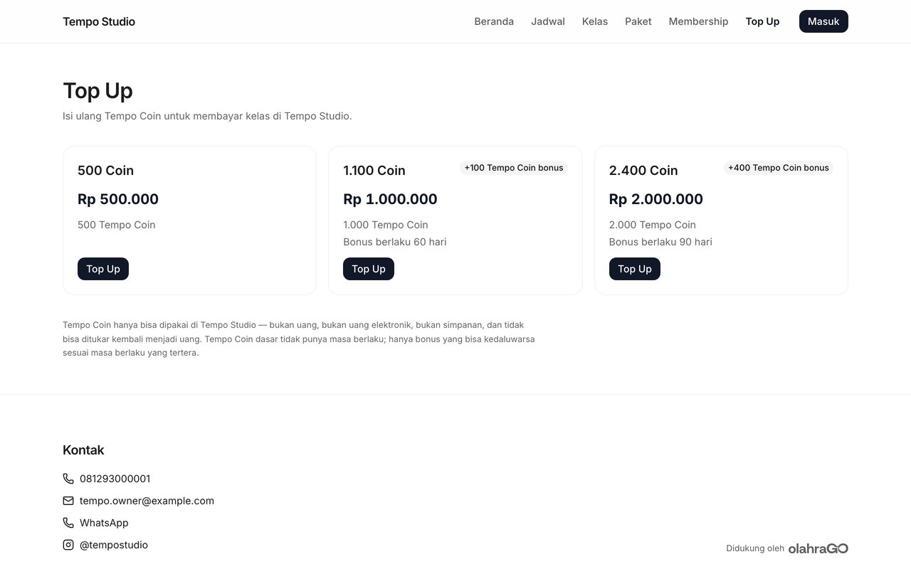Halaman Top Up di website Tempo Studio: tiga pilihan Tempo Coin dengan bonus dan tombol top up
