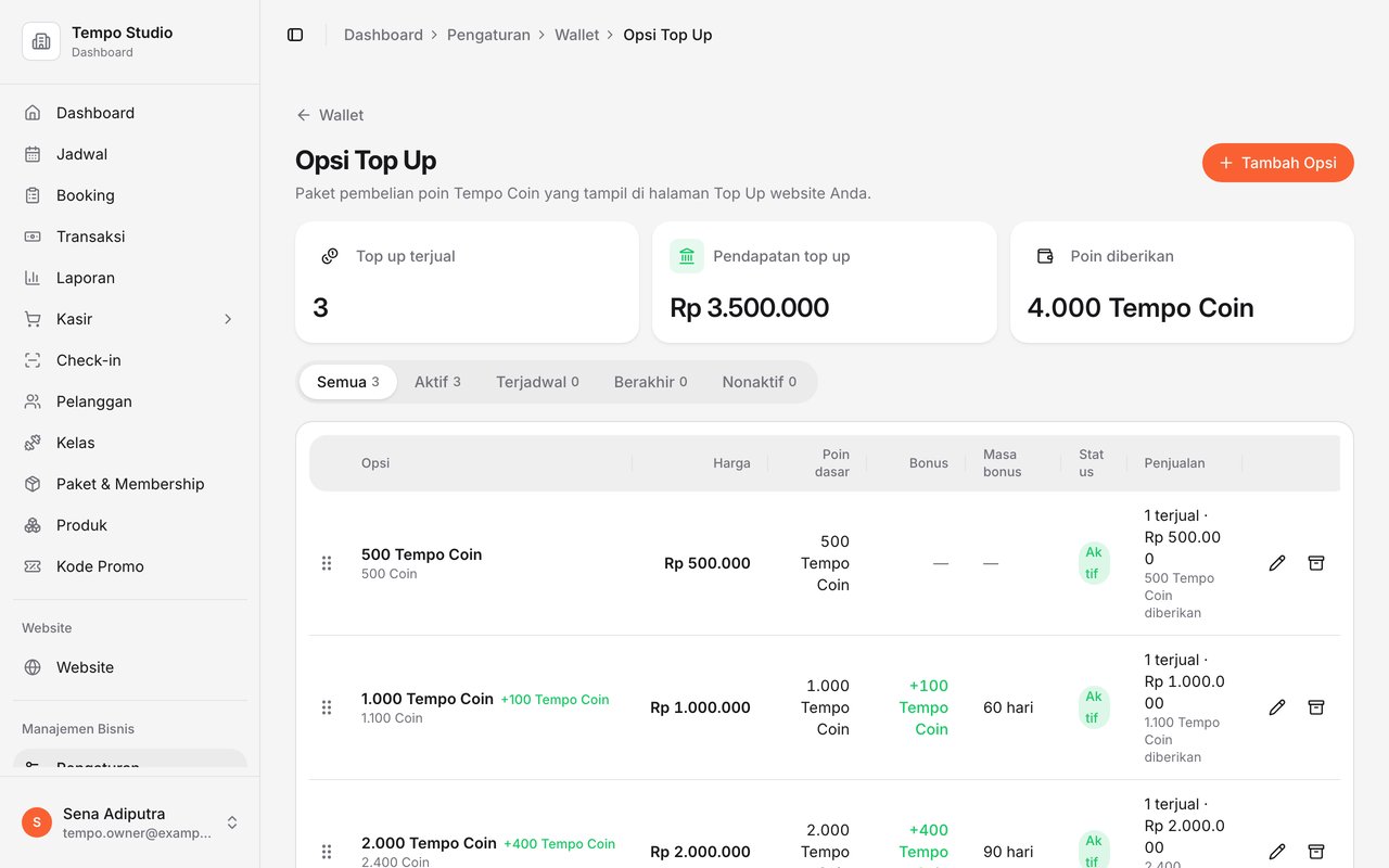 Pengaturan opsi top-up Tempo Coin di dashboard: tiga opsi dengan harga, poin dasar, bonus, dan masa bonus, plus total top-up terjual