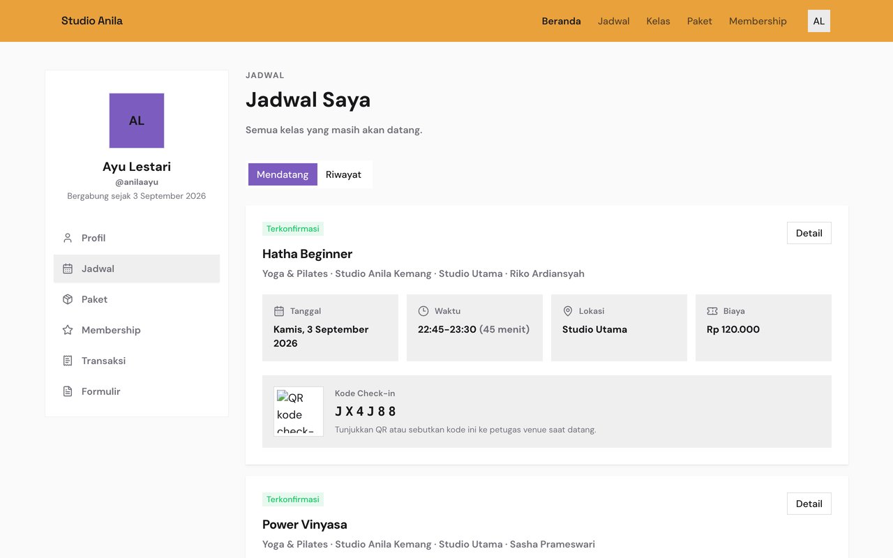 Halaman Jadwal Saya di portal member Studio Anila: kelas Hatha Beginner terkonfirmasi dengan tanggal, waktu, lokasi, biaya, dan kode check-in JX4J88