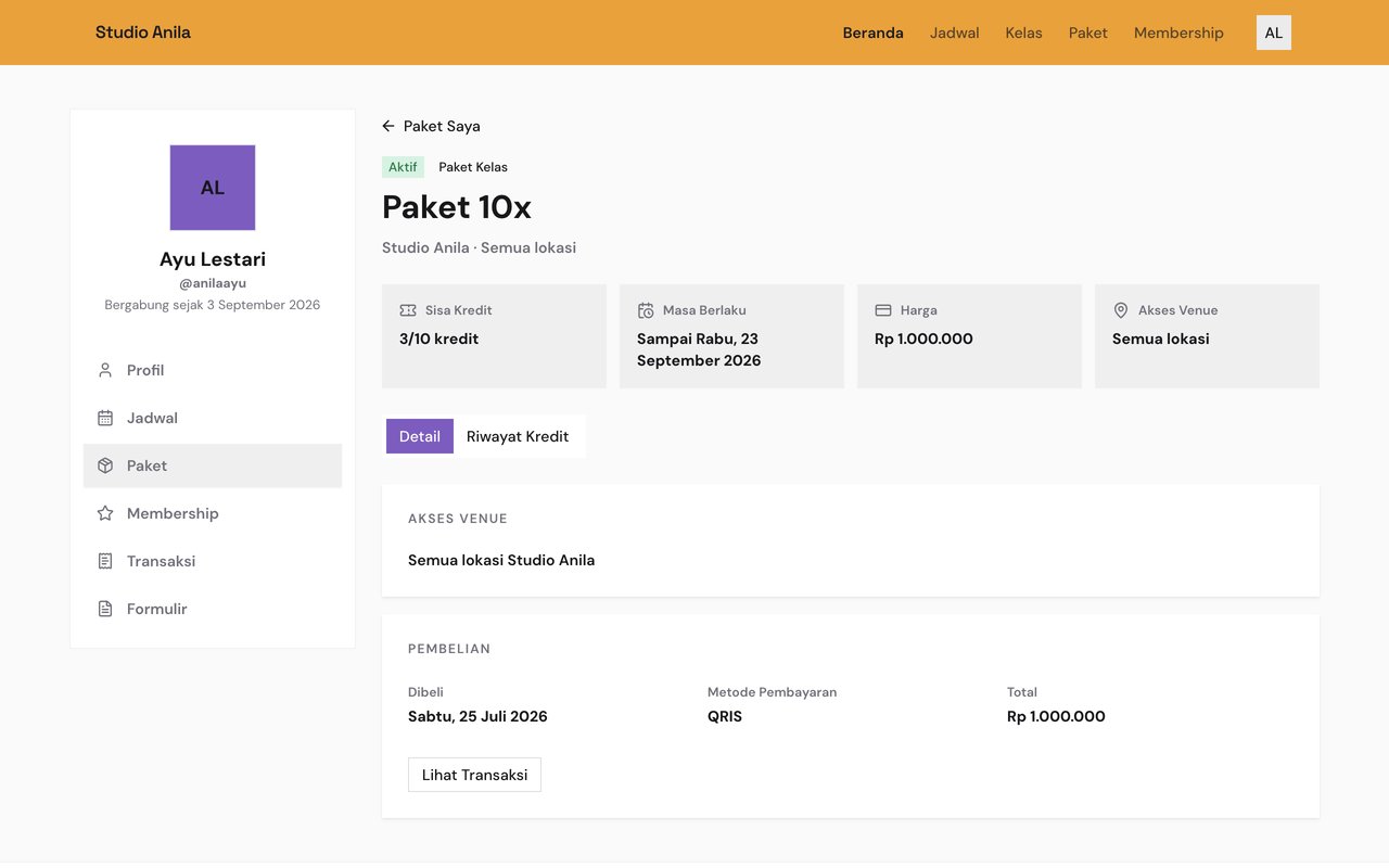 Detail Paket 10x di portal member Studio Anila: sisa 3 dari 10 kredit, masa berlaku sampai 23 September 2026, harga, akses semua lokasi, dan tab Riwayat Kredit