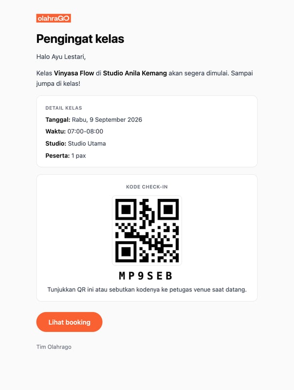 Email Pengingat kelas untuk Ayu Lestari: kelas Vinyasa Flow di Studio Anila Kemang, tanggal, waktu, studio, jumlah peserta, dan QR kode check-in MP9SEB dengan tombol Lihat booking