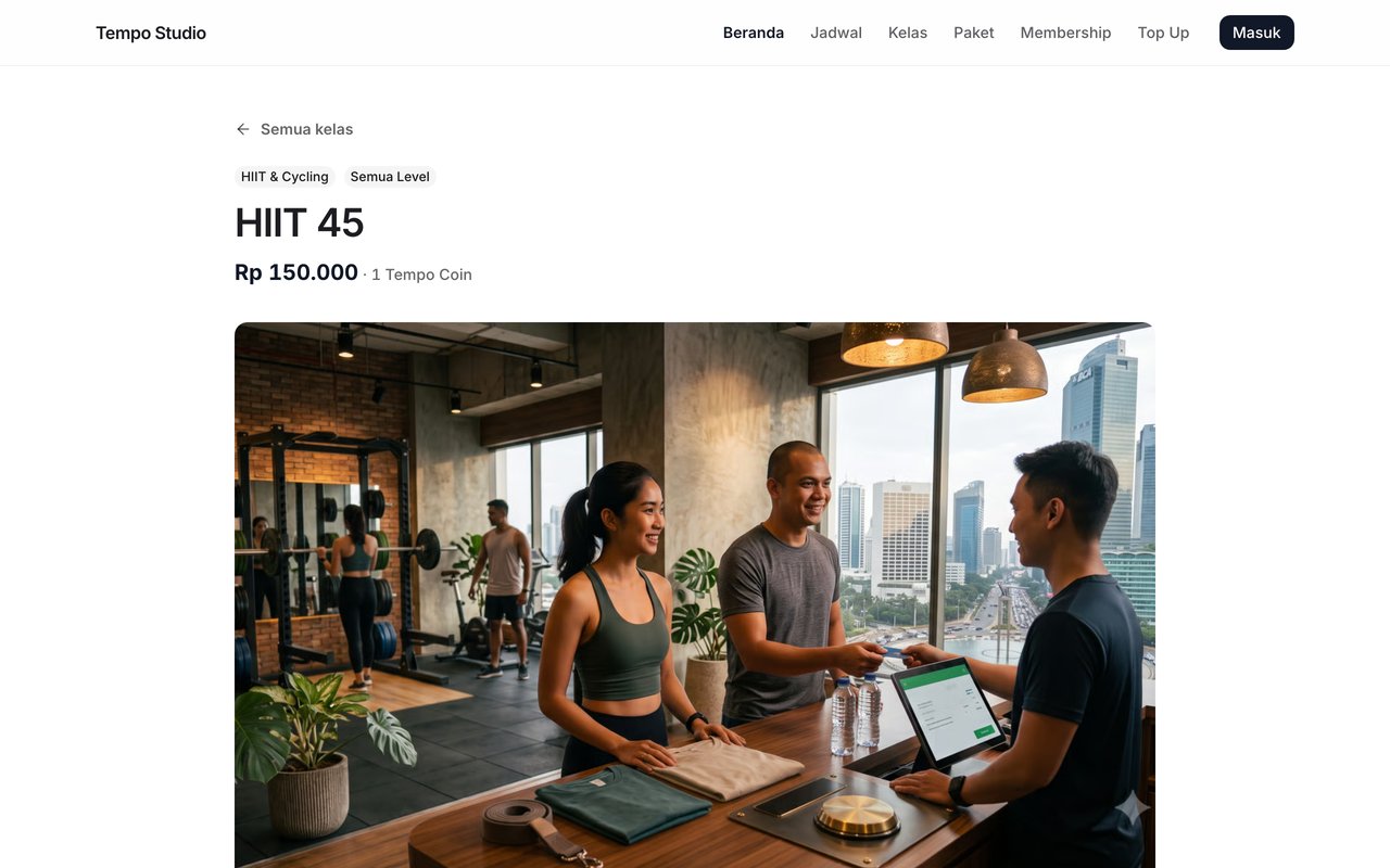 Halaman kelas HIIT 45 di website Tempo Studio: kategori HIIT & Cycling, semua level, harga dan biaya poin, dengan foto studio