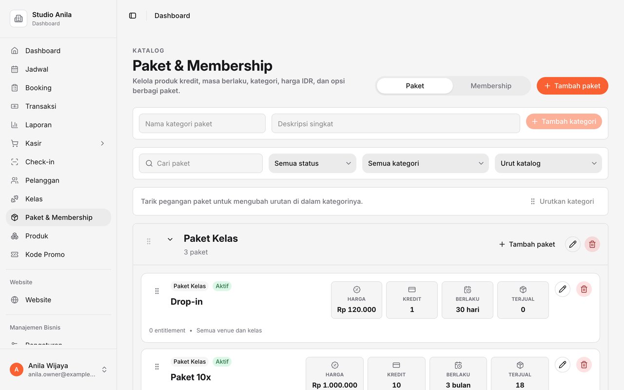 Katalog paket Studio Anila di dashboard: Drop-in, Paket 10x, Paket 20x dengan harga, kredit, dan masa berlaku