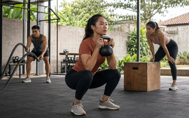 Peserta berlatih squat dengan kettlebell dan battle rope di gym fungsional