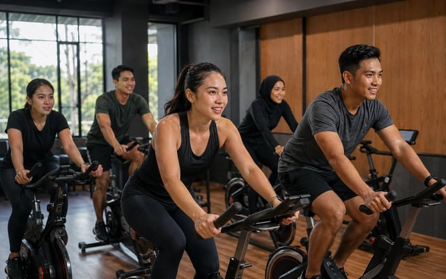 Perempuan dan laki-laki muda mengikuti kelas sepeda statis bersama