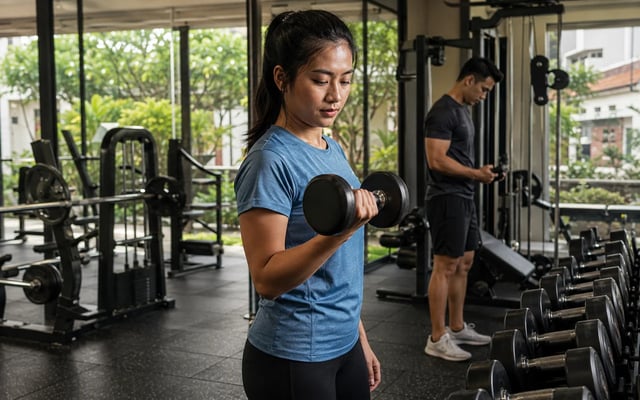 Perempuan muda berlatih dumbbell di gym dengan peserta lain di belakangnya