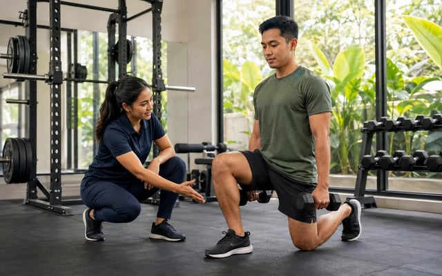 Personal trainer mendampingi klien berlatih split squat dengan dumbbell