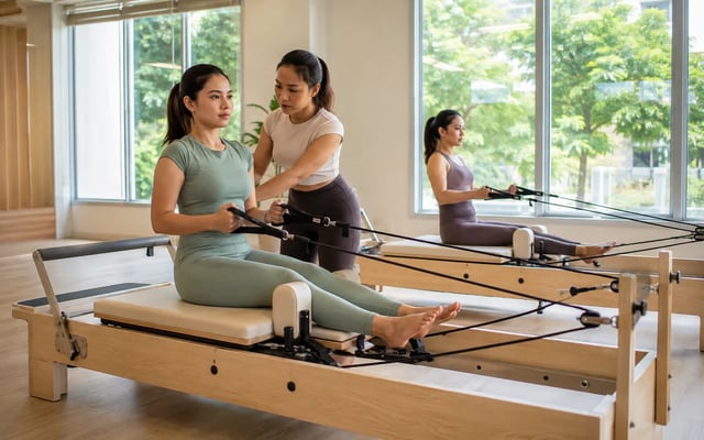 Peserta berlatih pilates dengan reformer kayu didampingi instruktur