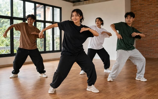 Empat penari muda berlatih koreografi hip-hop bersama di studio dance