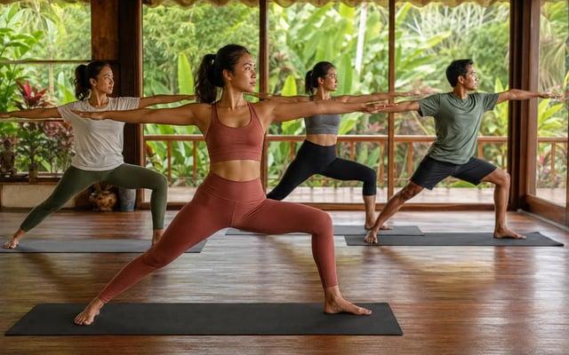 Perempuan dan laki-laki muda berlatih yoga bersama di studio dengan taman tropis