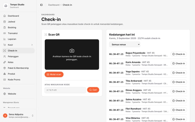 Halaman check-in box CrossFit di Olahrago dengan panel scan QR dan daftar kedatangan hari ini