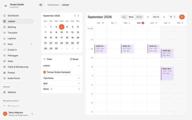 Dashboard jadwal mingguan box CrossFit di Olahrago dengan kelas WOD Strength, WOD Metcon, dan Open Box beserta kapasitas