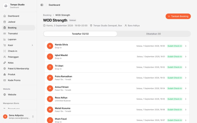 Halaman detail kelas WOD di dashboard Olahrago dengan dua belas dari dua belas peserta terdaftar
