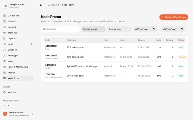 Daftar kode promo di dashboard Olahrago dengan status aktif, masa berlaku, dan kuota terpakai