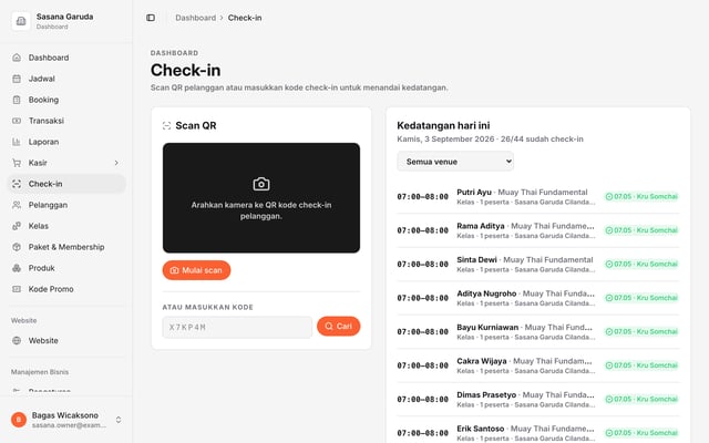 Halaman check-in sasana di Olahrago dengan panel scan QR dan daftar kedatangan hari ini