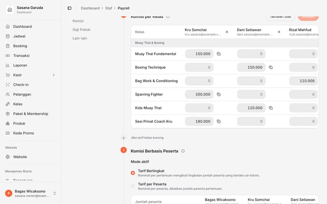 Halaman payroll di dashboard Olahrago dengan pengaturan komisi per kelas untuk setiap coach