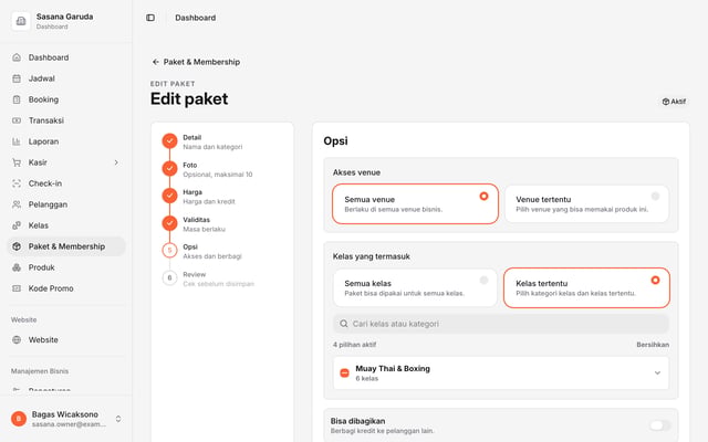 Wizard paket di dashboard Olahrago dengan opsi kelayakan per kelas dan biaya kredit