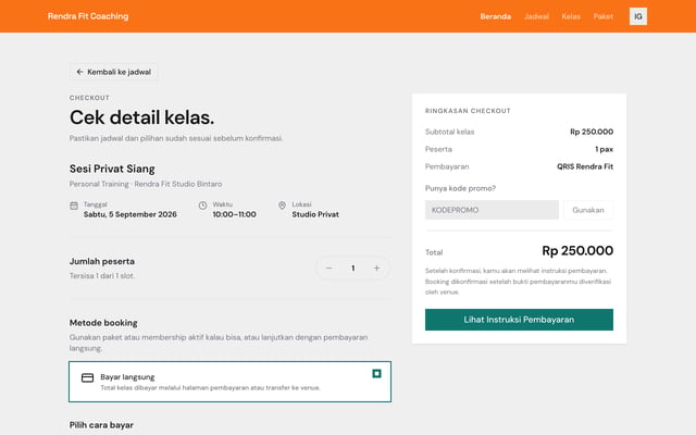 Halaman checkout sesi privat di situs personal trainer dengan pembayaran QRIS