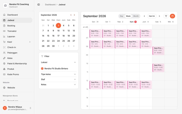 Dashboard jadwal mingguan personal trainer di Olahrago dengan sesi privat berkapasitas satu