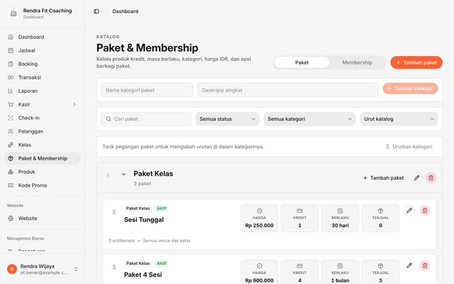 Katalog paket sesi personal trainer di dashboard Olahrago dengan jumlah sesi dan masa berlaku