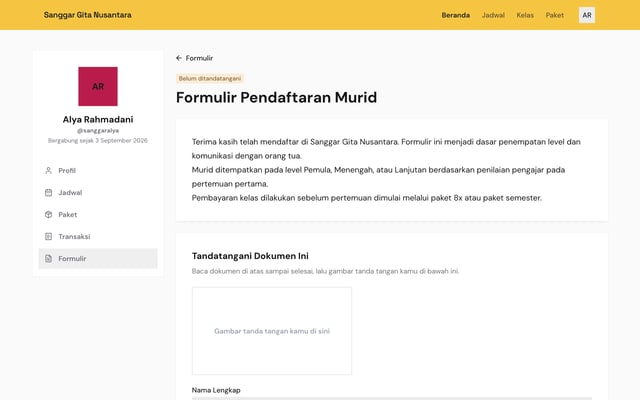 Halaman formulir pendaftaran di portal murid dengan isi pernyataan orang tua dan kolom tanda tangan