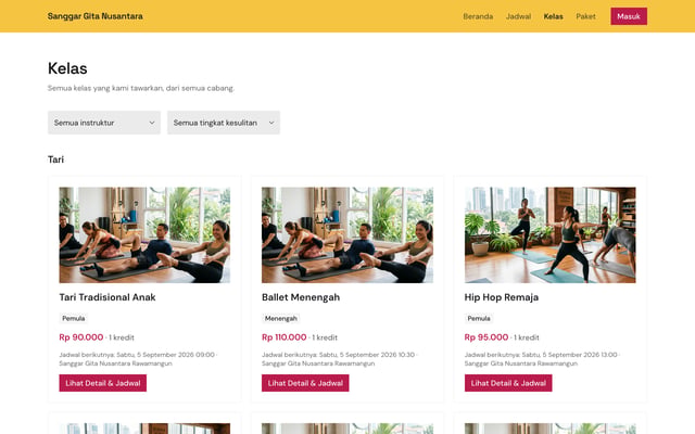 Halaman daftar kelas di website sanggar tari dengan kategori dan tag level pada setiap kelas