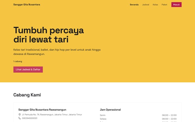 Beranda website sanggar tari dengan logo, jadwal kelas, dan tombol pendaftaran