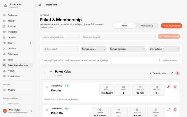 Katalog paket kelas yoga di dashboard Olahrago dengan sisa kuota dan masa berlaku paket setiap member