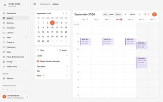 Dashboard jadwal mingguan box CrossFit di Olahrago dengan kelas WOD Strength, WOD Metcon, dan Open Box beserta kapasitas