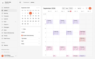 Dashboard jadwal mingguan Olahrago menampilkan kelas yoga berulang dengan kuota peserta dan nama instruktur per kelas