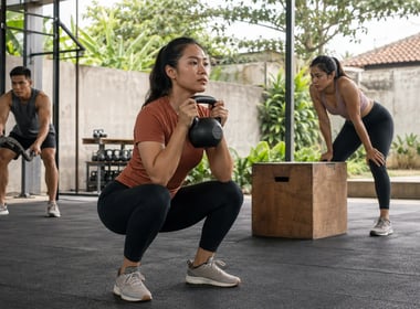Peserta berlatih squat dengan kettlebell dan battle rope di gym fungsional