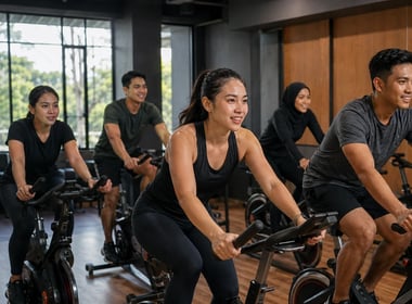 Perempuan dan laki-laki muda mengikuti kelas sepeda statis bersama