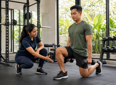 Personal trainer mendampingi klien berlatih split squat dengan dumbbell