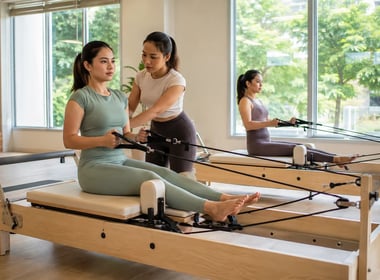 Peserta berlatih pilates dengan reformer kayu didampingi instruktur