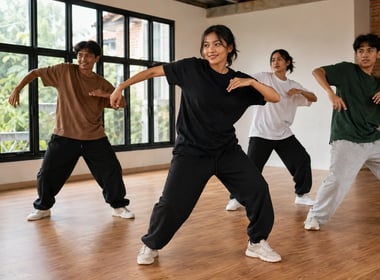 Empat penari muda berlatih koreografi hip-hop bersama di studio dance