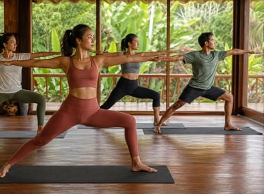 Perempuan dan laki-laki muda berlatih yoga bersama di studio dengan taman tropis