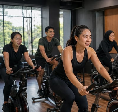 Perempuan dan laki-laki muda mengikuti kelas sepeda statis bersama
