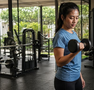 Perempuan muda berlatih dumbbell di gym dengan peserta lain di belakangnya